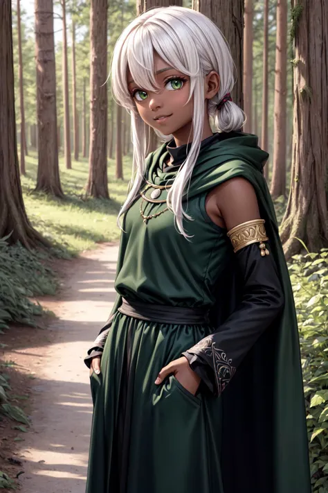 (masterpiece:1.2, best quality:1.2), ((((dark skin)))), , ((((frontlocks)))), depth of field:1.3, (beautiful, perfect, delicate, detailed, intricate, aesthetic:1.2), (solo), upper body, (smile, closed mouth), ((((green cloak)))), green eyes, ((((black shirt, black sleeves)))), (((black dress))), ((outdoors, forest, treehouse village, realistic background)),, ((white hair)), long hair, hands in pockets, ix <lora:FrontLocks_v004:0.45> <lora:more_details:0.45> <lora:m99_bellybuttonremover_1:1.2>