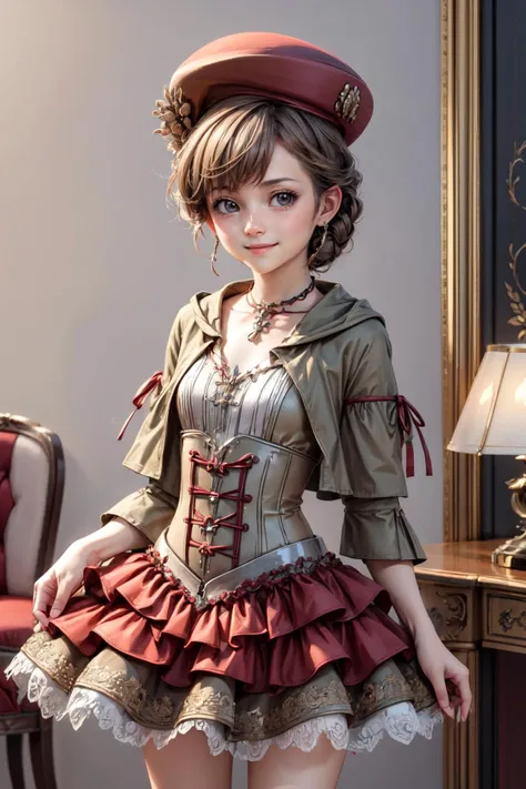 ((contrapposto)), (masterpiece:1.2, best quality:1.2), absurdres:1.2, depth of field:1.3, super-resolution, perfect lighting, <lora:wrenchelegadome:0.9> (wrenchelegadome), ((brown dress)), jewelry, <lora:more_details:0.45>, (solo), smile, closed mouth, <lora:rina2:0.7> , 1girl, solo, hat, (realistic background, tea room, lounge), indoors, looking at viewer, cowboy shot