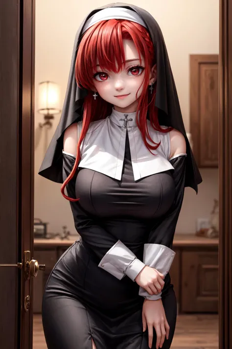 (masterpiece:1.2, best quality:1.2), <lora:more_details:0.45>, smile, closed mouth, 1girl, red eyes, slave collar, looking at viewer, red eyes, slit pupils, (((((red hair))))), long hair, bare shoulders, jewelry, earrings, ((cowboy shot)), <lora:Concept_Nun:0.85>, Def versia*, long sleeves, ((nun)), habit, habit, dress, black dress, long dress, catholic, large breasts, <lora:hairdetailer:1:lbw=HairSlider>, <lora:m99_bellybuttonremover_1:1.2>