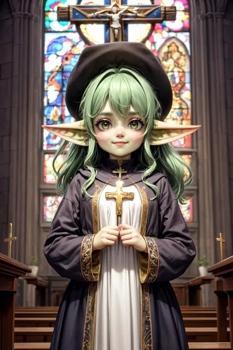 (masterpiece:1.2, best quality:1.2), depth of field:1.3, (beautiful, perfect, delicate, detailed, intricate, aesthetic:1.2), (solo), (smile, closed mouth), ((green hair)), long hair, <lora:more_details:0.45> (church, cathedral, crucifix), <lora:goblin_datasets_pruned:0.95> , (((goblin girl))) (((cowboy shot)))
