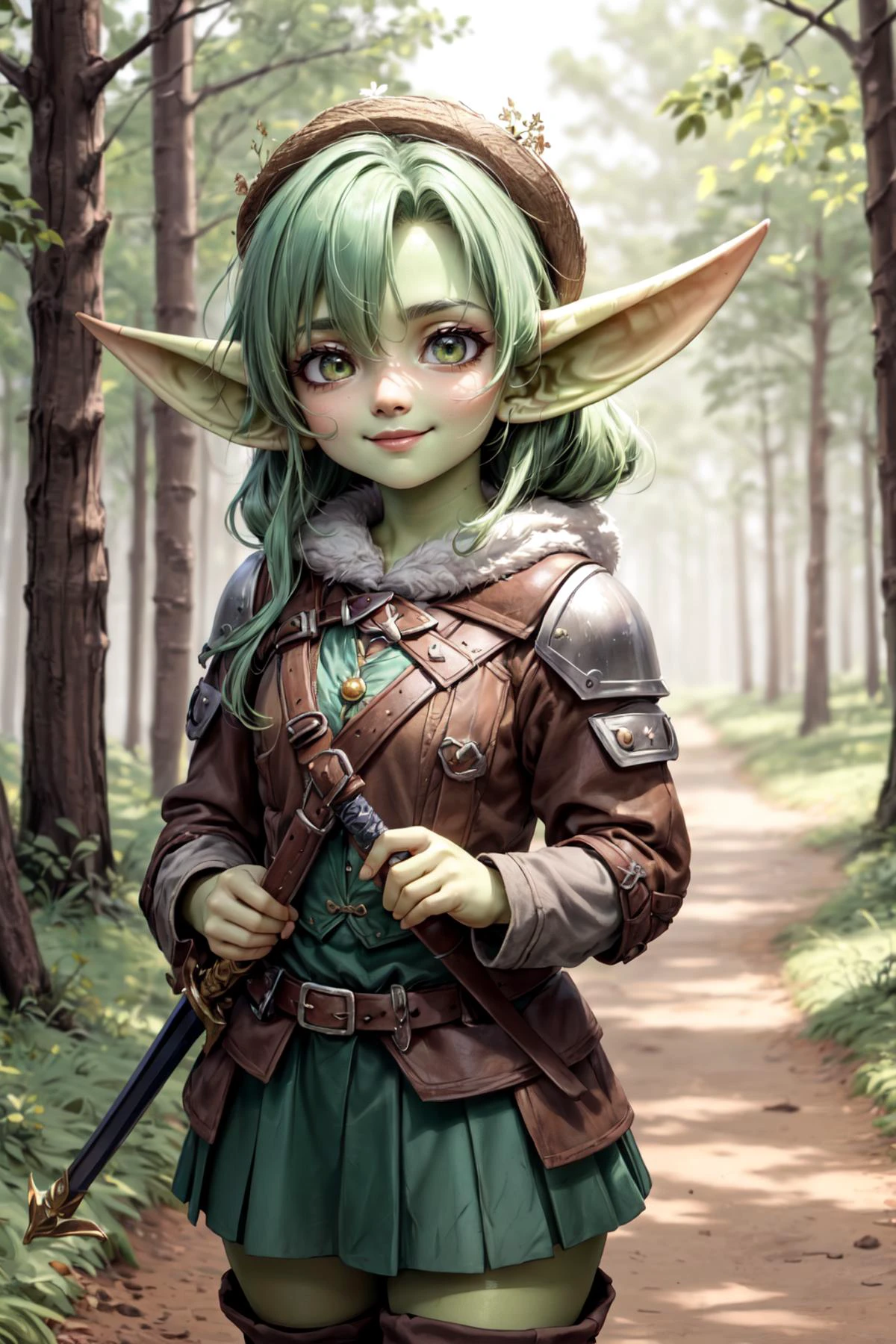 (masterpiece:1.2, best quality:1.2), depth of field:1.3, (beautiful, perfect, delicate, detailed, intricate, aesthetic:1.2), (solo), (smile, closed mouth), ((green hair)), long hair, <lora:more_details:0.45> (forest, dirt path), sword and shield, <lora:goblin_datasets_pruned:0.95> , (((goblin girl))) (((cowboy shot))) ((green skin)),