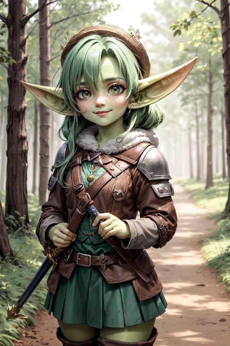 (masterpiece:1.2, best quality:1.2), depth of field:1.3, (beautiful, perfect, delicate, detailed, intricate, aesthetic:1.2), (solo), (smile, closed mouth), ((green hair)), long hair,  <lora:more_details:0.45>  (forest, dirt path), sword and shield, <lora:goblin_datasets_pruned:0.95> , (((goblin girl))) (((cowboy shot))) ((green skin)),