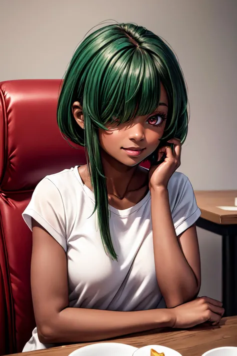 (masterpiece:1.2, best quality:1.2), absurdres, depth of field:1.3, (((dark skin))), ((((mommy)))), 1girl, solo, looking at viewer, blunt bangs, smile, closed mouth, realistic background, <lora:more_details:0.45>, ((cowboy shot)), sitting, table, chair, romantic, (green hair), red eyes, <lora:hair_over_one_eye:0.65>, hair over one eye, <lora:FrontLocks_v004:0.45> , (frontlocks),