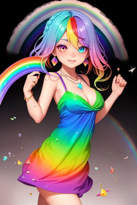 masterpiece, ultra-detailed, best quality, illustration, 8k cg wallpaper, an extremely delicate and beautiful, 1girl, solo, dynamic pose, dynamic angle, perfect anatomy, cute face, smiling, blushing, sparkling eyes, (((((gradient multicolored rainbow eyes))))), beautiful detailed eyes, (((((gradient multicolored rainbow hair))))), long hair, floating hair, cute hair accessories, cute earrings, cute necklace, slim body, ((large breasts)), ((((gradient multicolored rainbow dress)))), cute arm accessories, perfect legs, cute leg accessories, cute, pretty, beautiful, sexy, perfect body, sharp focus, warm lighting, depth of field, (background: small crystal shards, broken glass, small prism shards, rainbows, rainbow aura, reflections, refractions, shimmering, surreal, intricately detailed items in background)