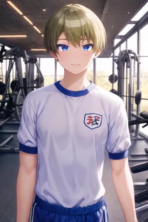 masterpiece, best quality, high quality, 1boy, solo, male focus, looking at viewer, upper body, depth of field, <lora:mitsuru_abe:0.72>, mitsuru_abe, , gym uniform