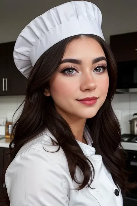 , photo of a woman, (epic), , ((chef hat, chef jacket, commercial kitchen)), smiling, (lipstick, blush, eye shadow), ((best quality, masterpiece, extreme details, high resolution):1.2),((detailed eyes, beautiful eyes, detailed face, beautiful face):1.2)  <lora:haleylujan-03:0.6>, haleylujan,