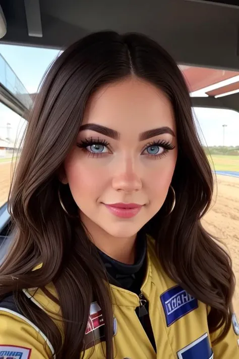 ,photo of a woman, epic, , ((nascar uniform, nascar jumpsuit, racetrack, race car, outdoors)),smiling, (red lipstick, blush), ((best quality, masterpiece, extreme details, high resolution):1.2),((detailed eyes, beautiful eyes, detailed face, beautiful face):1.2) <lora:haleylujan-03:0.6>, haleylujan,