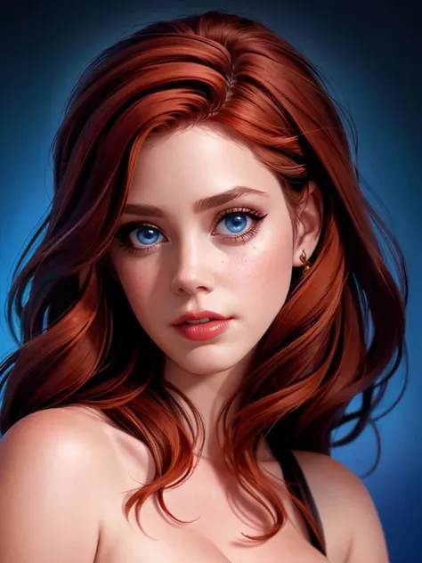 Realistic photo of a beautiful 4my4-v2 woman,  1girl, solo, long hair, breasts, looking at viewer, blue eyes, red hair, dress, cleavage, bare shoulders, medium breasts, upper body, parted lips, teeth, mole, lips, makeup, blue background, lipstick, strap slip, realistic, soft lighting, professional Photography, Photorealistic, detailed, RAW, analog, sharp focus, 8k, HD, high quality, masterpiece<lora:4my4-v2:1.0>