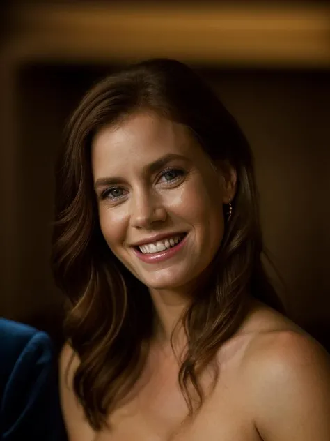 Realistic photo of a beautiful 4my4-v2 woman,  1girl, solo, long hair, breasts, looking at viewer, smile, blue eyes, brown hair, cleavage, bare shoulders, jewelry, medium breasts, teeth, grin, bracelet, lips, crossed arms, ring, realistic, wedding ring, soft lighting, professional Photography, Photorealistic, detailed, RAW, analog, sharp focus, 8k, HD, high quality, masterpiece<lora:4my4-v2:1.0>