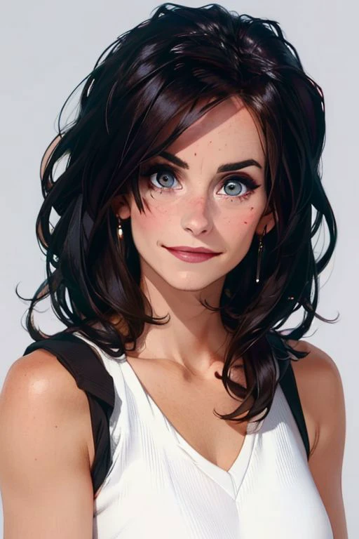 1girl,(solo:1.3),simple background,(embarassed expression:1.3),full shot,20-year-old,cute face,<lora:friends_monica_geller_v1:0.85>,front view,(monica geller:1.4),looking at viewer,upper body,