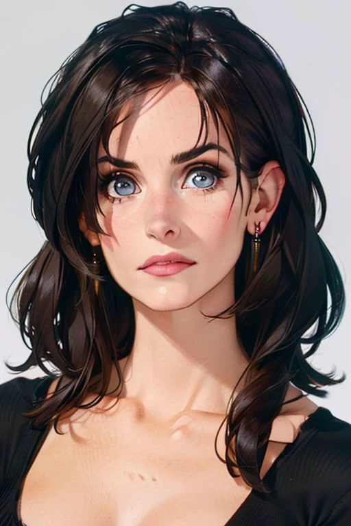 1girl,(solo:1.3),(upper body portrait:1.2),(rachel green:1.3),simple background,(pensive expression:1.3),full shot,20-year-old,cute face,<lora:friends_monica_geller_v1:0.85>,front view,(monica geller:1.4),looking at viewer,