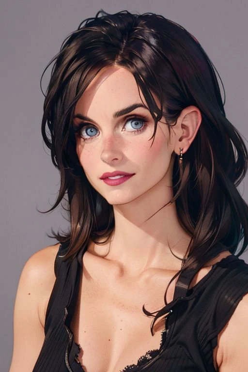 1girl,(solo:1.3),simple background,(admiring expression:1.3),full shot,20-year-old,cute face,<lora:friends_monica_geller_v1:0.85>,front view,(monica geller:1.4),looking at viewer,upper body,