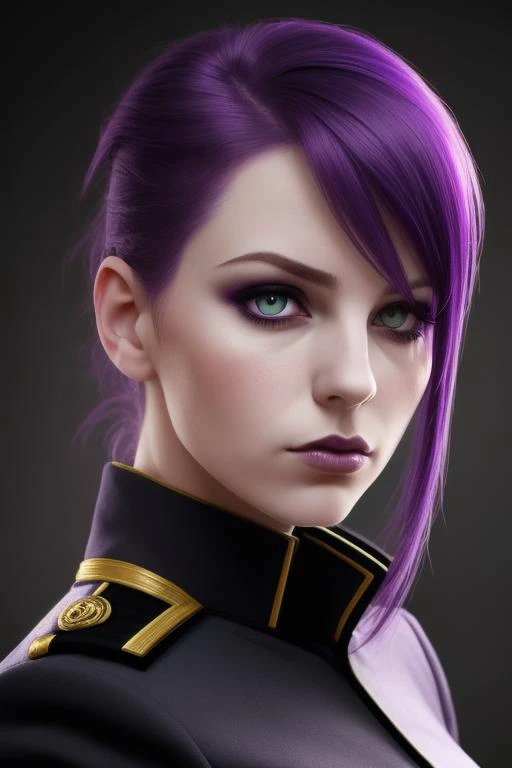 portrait of woman, purple hair, (green eyes:0.5), sexy mood, side view, uniform background, dark background, looking at viewer, high quality, dramatic lighting, tenebrism, high contrast