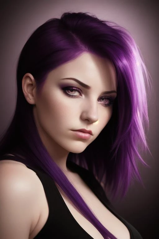 portrait of woman, purple hair, side view, looking at viewer, high quality, dramatic lighting, tenebrism, high contrast