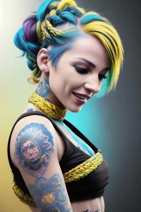 (closeup portrait:1.3) of woman, (blue yellow multicolor hair:1.2), Braided updo, highly detailed skin, tattoo, (green eyes:0.5), flirting with camera, Laughing with closed eyes, side view, unicolor background, dark background, looking at viewer, (white croptop:1.1), high quality, dramatic lighting, tenebrism, high contrast, (vivid colors:1.2)