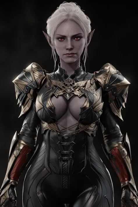 A highly detailed and realistic image of a female Karnathi humanoid character based on the provided reference. The character stands at 1.8 meters tall with a light gray skin tone that has a smooth, almost metallic texture. She is depicted in a frontal position, standing still and looking directly at the viewer, her gaze intense and focused. Facial and Body Details: Her face retains its distinct Karnathi features, with bony protrusions on her forehead and head that resemble a crown, smaller in size compared to typical horns. These horns are curved slightly backward, adding to her otherworldly appearance. The facial structure is sharp, with high cheekbones, a strong jawline, and deep-set eyes that convey intelligence and strength. The light gray bone-like scales are visible across her shoulders, upper chest, and forearms, contrasting subtly with her skin tone and adding to her formidable appearance. Pose and Expression: The Karnathi is posed confidently, with her shoulders squared and her posture upright, giving an impression of authority and power. Her eyes, a vibrant orange, are piercing and draw the viewer's attention, creating a direct connection. Her expression is serious, with a slight frown, suggesting focus and determination. Clothing: She wears minimal clothing that consists of dark-toned undergarments, which contrast with her lighter skin and highlight her athletic, muscular build. The clothing is simple but functional, designed to accentuate her physical form while providing coverage. Background: The background should remain neutral and unobtrusive, ensuring that all attention is focused on the Karnathi character and her intricate details. The lighting is soft yet sufficient to highlight the textures of her skin, scales, and clothing, creating a sense of depth and realism.