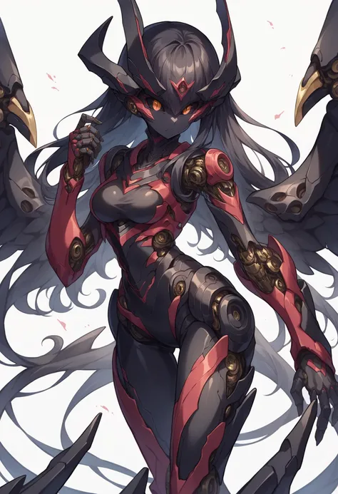 score_9, score_8_up, source_anime,<lora:wrenchsmechsxl-000010:1>,wrenchsmechs, female, mechanical eyes, black hair, long hair, mechanical legs, demon, black skin, white background, feathered wings, slit pupils, black sclera, medium breasts,