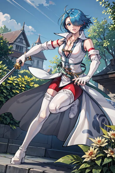 battle,holding weapon,KATANAONEHAND,from below,<lora:lucia:0.85>,<lora:UnlimitedBladeWorks1.6:0.9>,fer_lucia, thigh boots, boots,  hair over one eye ,red thighhighs, gloves,short hair, elbow gloves, jewelry, cleavage, white footwear, medium breasts, necklace, detached sleeves, garden,(masterpiece, best quality, ultra-detailed, best shadow) ,
