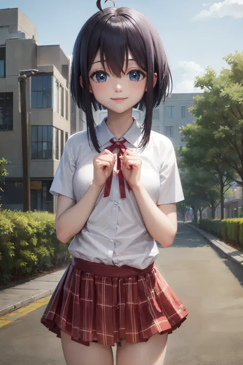 Anime girl in a short skirt and shirt posing for a picture - SeaArt AI
