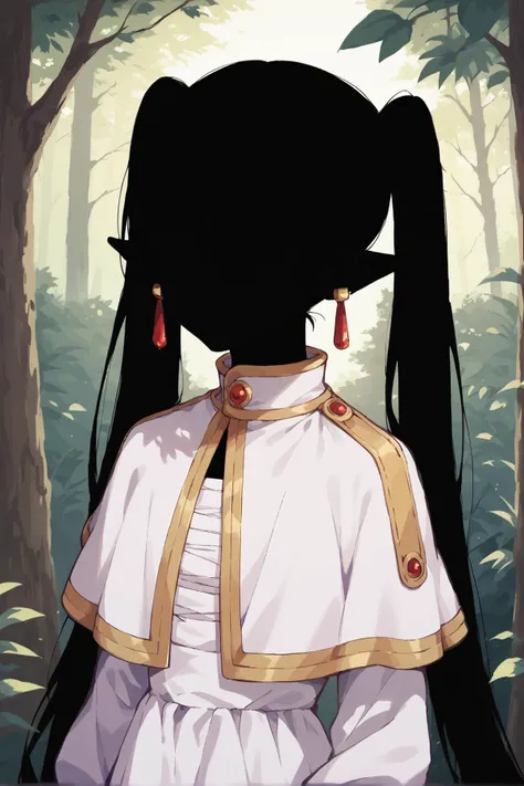 <lora:ShadowPerson-000004:1>, 1girl, solo, ShadowPerson, colored skin, black skin, black hair, faceless, silhouette, <lora:frieren_nereirfpnxl_pony_v2:0.7>, frieren, pointy ears, twintails, very long hair, earrings, white dress, white capelet, forest, score_9, score_8_up, score_7_up,