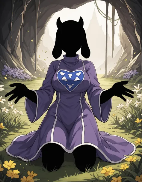 score_9, score_8_up, score_7_up, score_6_up, score_5_up, score_4_up, detailed background, inside, cave, grass, flower, front view, solo BREAK
<lora:ShadowPerson:1> ShadowPerson, colored skin, black skin, black hair, silhouette, faceless, black body, (toriel:0.9), purple dress, spread arms, kneeling