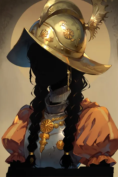 ShadowPerson, colored skin, black skin, black hair, faceless, silhouette, 1girl, braids, solo, <lora:conquistador_pony:0.8> conquistador, breastplate, helmet, puffy sleeves, flat color, dark theme <lora:LAMXLP6lokrV4236:0.75> <lora:ShadowPerson:1>, score_9, score_8_up, score_7_up,