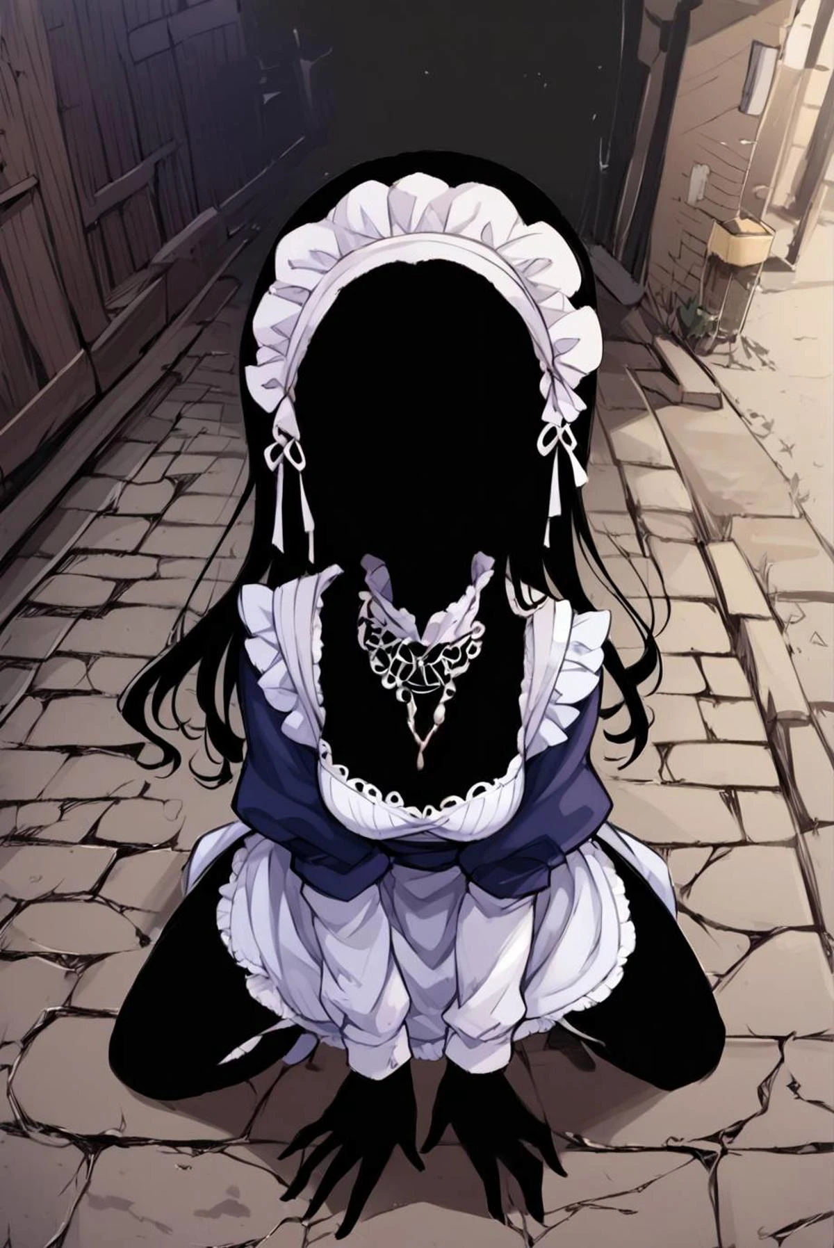 score_9, score_8_up, score_7_up, source_anime, <lora:Nova_Sphere_Style_V1.0:1>,
Beautiful Lighting, 1girl,
long hair, hair intakes, hair between eyes, decorated choker, thick thighs, medium breasts,
BREAKE
outdoors, alley,
maid clothes, maid headdress, miniskirt,
full body, (from above:1.3), shiny skin,
kneeling, spread legs, spread legs, all fours, head back,
BREAKE
<lora:ShadowPerson:2>, ShadowPerson, colored skin, black skin, black hair, faceless, silhouette,