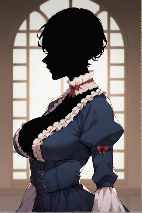 <lora:ShadowPerson-000004:1>, 1girl, solo, ShadowPerson, colored skin, black skin, black hair, faceless, silhouette, victorian clothes, open chest, big breasts, from side, score_9, score_8_up, score_7_up,