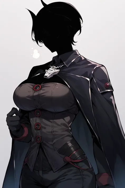 <lora:ShadowPerson-000004:1>, big breasts, 1girl, ShadowPerson, colored skin, black skin, black hair, <lora:madeinabyss_ozen_ponyXL:0.7> ozen, black cape, black jacket, long sleeves, black gloves, black pants, whistle,, score_9, score_8_up, score_7_up,