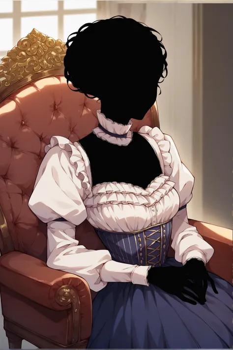 <lora:ShadowPerson-000004:1>, 1girl, solo, ShadowPerson, colored skin, black skin, black hair, faceless, silhouette, sitting on chair, victorian dress, score_9, score_8_up, score_7_up,