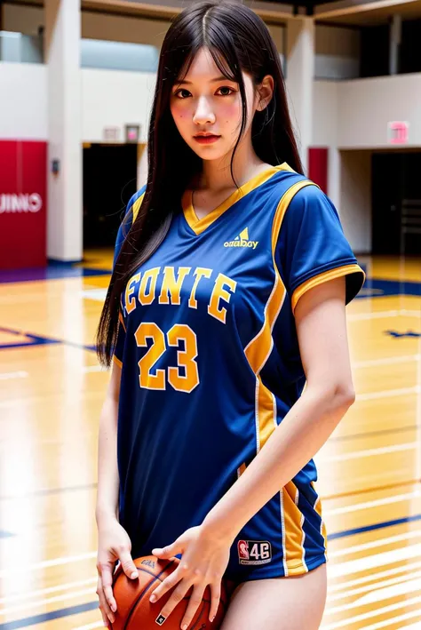 <lora:TWGirlsInBasketballWearMix1:0.5>,1 girl,wearing sport clothing, solo, cute, smile,,<lora:nagatitiLora_nagatitiLora:0.6>,(huge breast),(busty),(photo realistic),film grain,firm breast cleavage,wear basketball uniform, holding basket ball, perfect face, beautiful eye, perfect body proportions, sexy, seductive, erotic, wear underwear 8k, RAW photo, best quality, masterpiece:1.2, (realistic, photo-realistic:1.37) professional lighting, photon mapping, radiosity, physically-based rendering, beautiful eyes, long hair, looking at the viewer, facing to the viewer,(inside basketball court) , <lora:twbabe_6:0.2> <lora:taiwandolllikenessV20_v20:0.1>,(m krface1:0.1)(beautiful_mistake-8500:0.1)(cowboy shot:1.2)