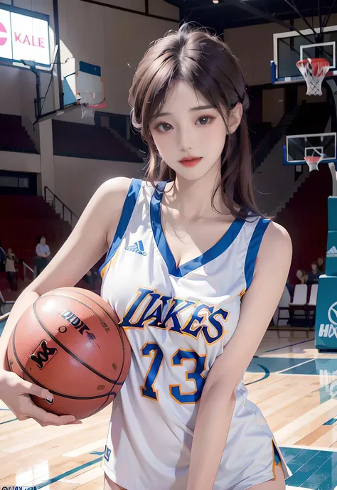 (8k, RAW photo, best quality, masterpiece:1.2), (realistic, photo-realistic:1.4), illustration, highres,hexagon,(1girl), gorgeous, rough skin, (oval face:1.1), professional lighting, photon mapping, radiosity, physically-based rendering, cute,
wear basketball uniform, large breast, ((cleavage)), at  basketball court, <lora:TWGirlsInBasketballWearMix1:0.6>,
<lora:taiwanDollLikeness_v15:0.1>, <lora:cuteGirlMix4_v10:0.2>, pureerosface_v1:0.3