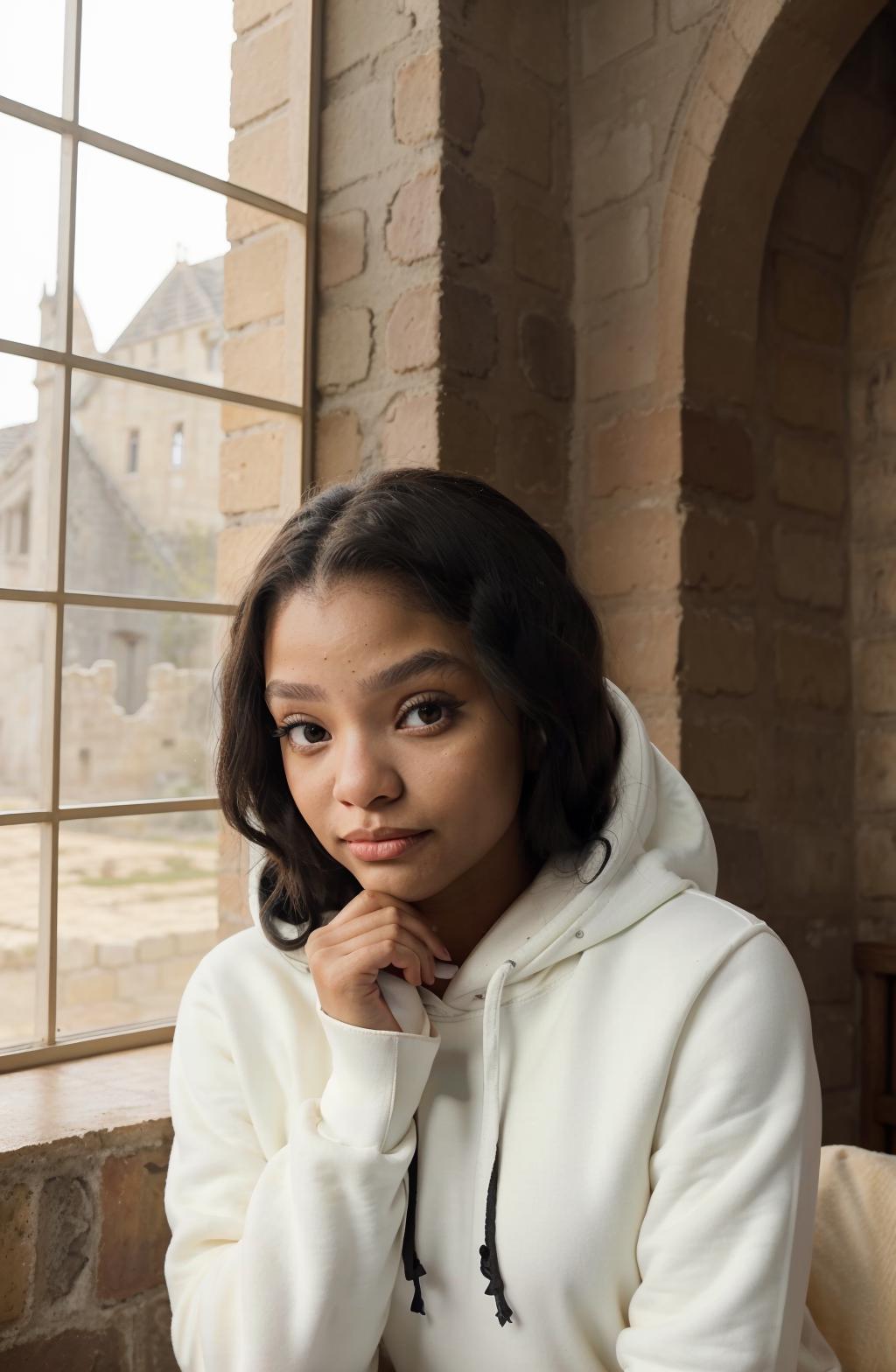 Arafed woman in white hoodie sitting in front of a window - SeaArt AI