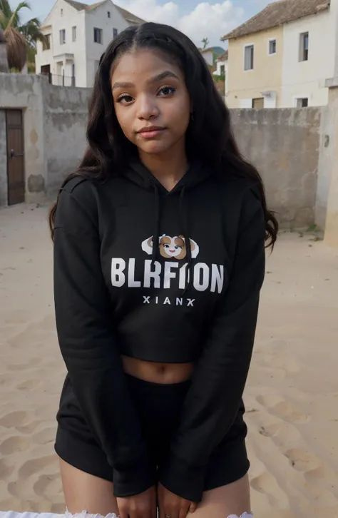 hallebailey, 1girl, waist up, thick eyebrows,  dark-skinned female, detailed face+black eyes,  closed mouth, smile, black hair, wearing a white pullover hoodie ,  background: beautiful island village, solo, upper body,    <lora:hallebailey:0.7>