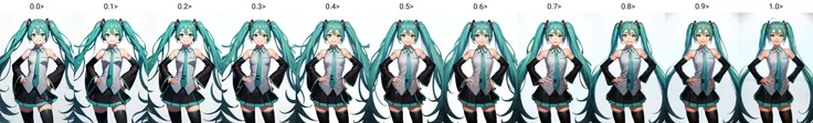 (masterpiece, best quality:1.2), cowboy shot, solo, 1girl, hatsune miku, smile, looking at viewer, hand on hip, twintails, sleeveless shirt, necktie, detached sleeves, skirt, thighhighs <lyco:style_cptpopcorn-11:0.0>