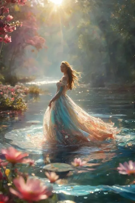 2girls,(masterpiece:1.2),best quality,multicolored,masterpiece,best quality,((an extremely delicate and beautiful)),floating,(detailed wet clothes),(detailed light),feather,nature,(sunlight),river,floating palace,beautiful and delicate water,(bloom),(shine),colourful,panorama,landscape,Colorful portraits,