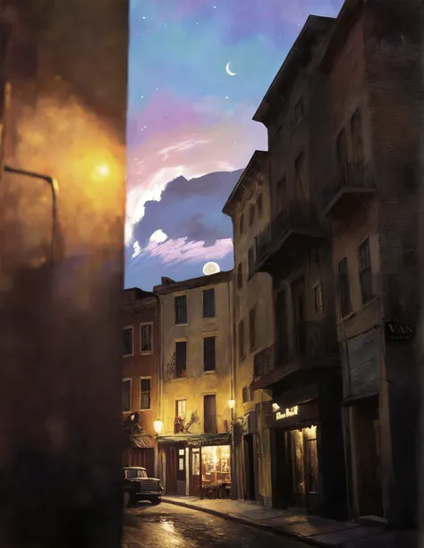 by Vincent van Gogh, starry night style, a street with small buildings, at night with a full moon in the sky, a bar in the background and a small shop on the right,