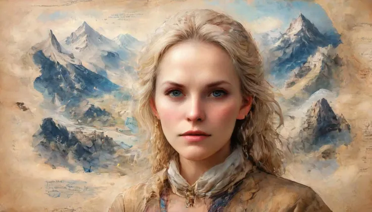 Positiv Clip L
on parchment, closeup of a woman, mountains
Positive Clip G
on parchment, closeup of a woman with blonde hair snow-capped mountains in the background
---------