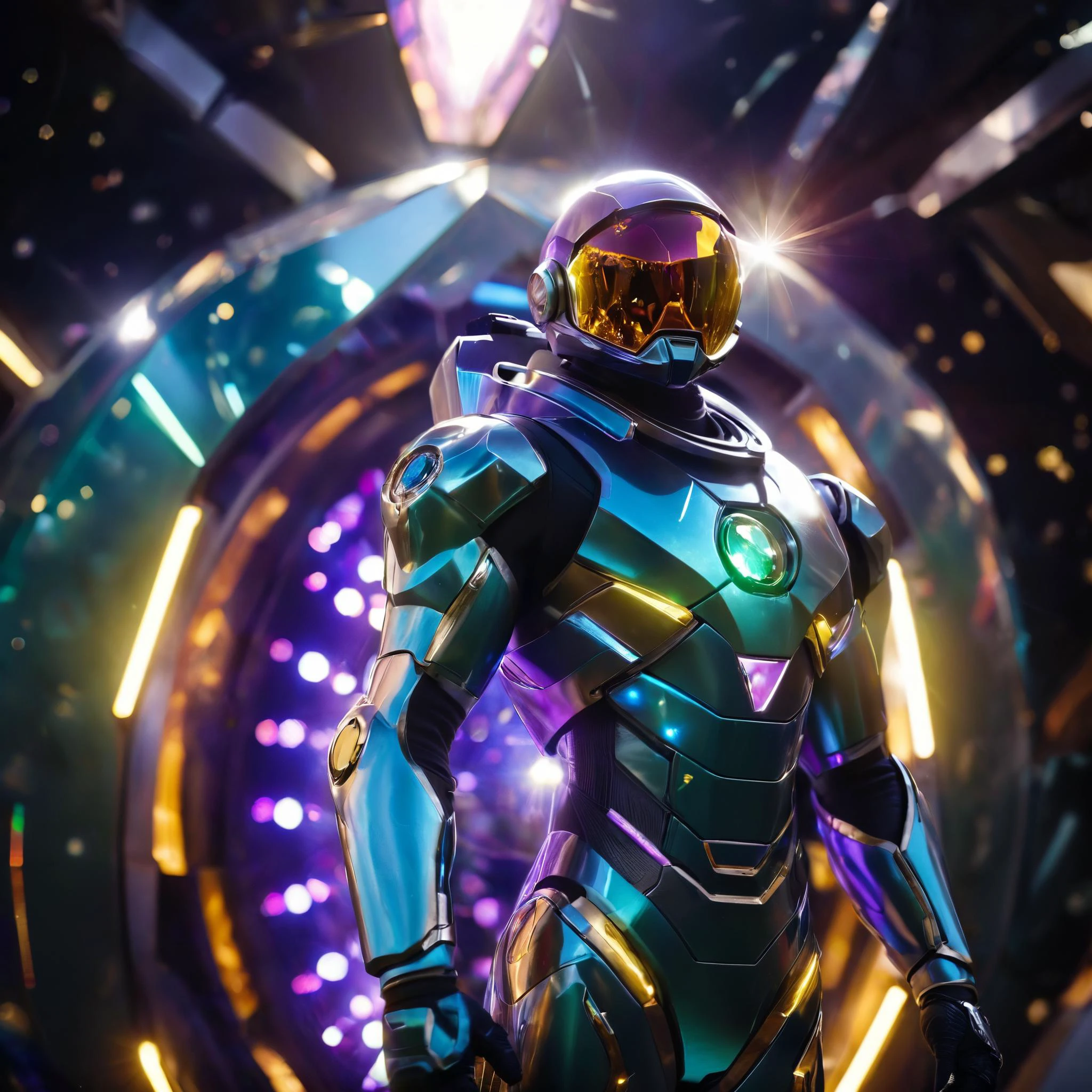 metallic spacesuit with glowing light background swirling ((gems and crystals)) in space with broken gems, time dilation, cinematic, score_9, score_8_up, score_7_up, score_6_up, score_5_up, score_4_up