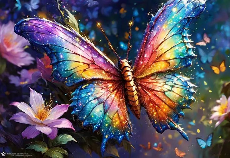 A dragon looking at the camera with butterfly wings with glitter scales, fantasy art, digital painting