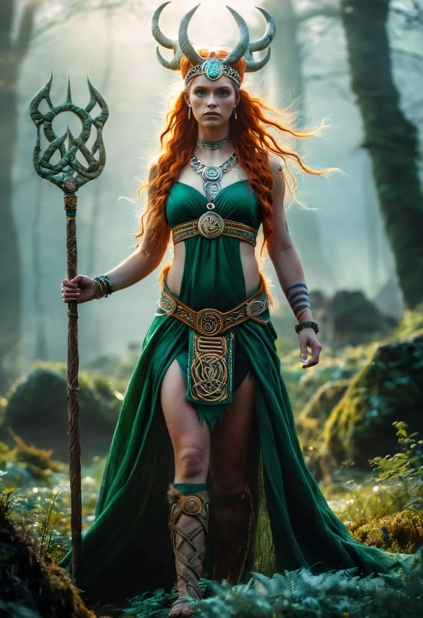 photorealistic Celtic Goddess, in a misty grassland, otherworldly mythical Irish creature, Celtic elements, bold lines