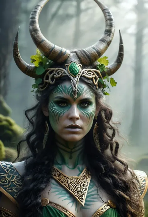 photorealistic  Celtic Goddess, in a misty grassland, otherworldly mythical Irish creature, Celtic elements, bold lines