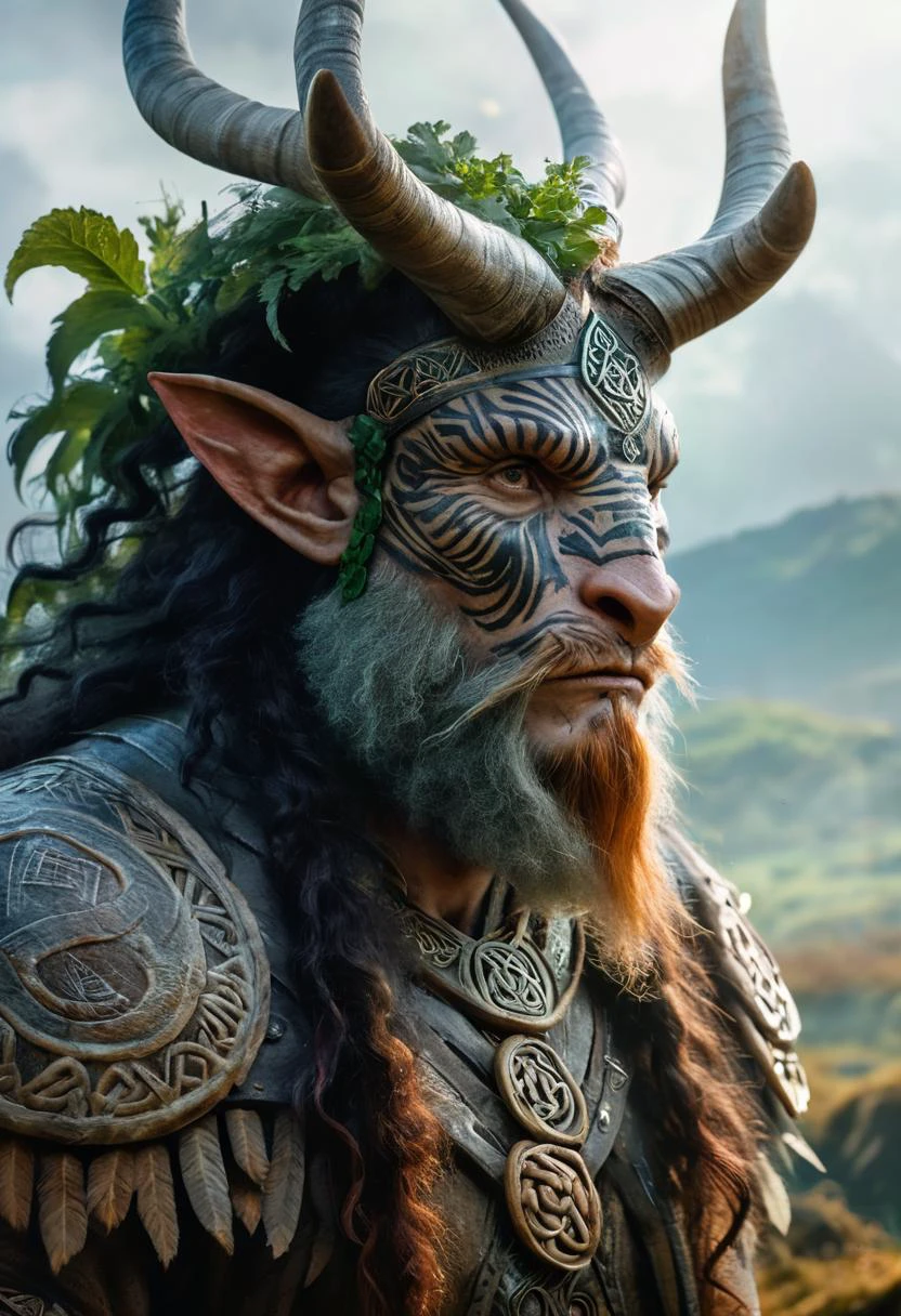 photorealistic, in a misty grassland, otherworldly mythical Irish creature, Celtic elements, bold lines