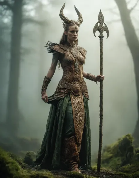 full body shot, professional photograph of a Celtic Goddess, wearing traditional Celtic clothing, in a misty grassland, otherworldly mythical Irish creature, Celtic elements, bold lines, ziprealism, best quality, high quality, highest quality, skin details, textured skin, skin pores, professional studio quality, Photo by Hasselblad X1D-50c with 35mm STM lens and textures 16k maximum resolution possible 600dpi, Hyperrealistic extreme fine texture incredibly lifelike