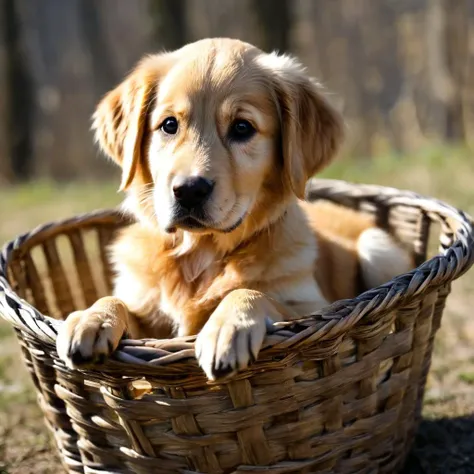 A beautiful Golden Retriever puppy sitting in a basket