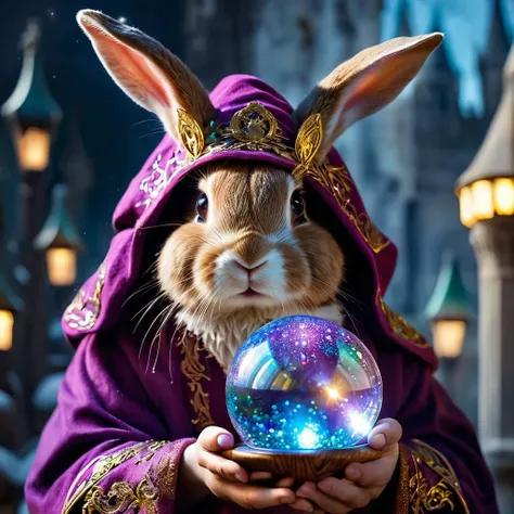 A rabbit wizard wearing robes holding a beautiful crystal ball casting a spell with swirling magical energy sparkles and glitter, score_9, score_8_up, score_7_up, score_6_up, score_5_up, score_4_up