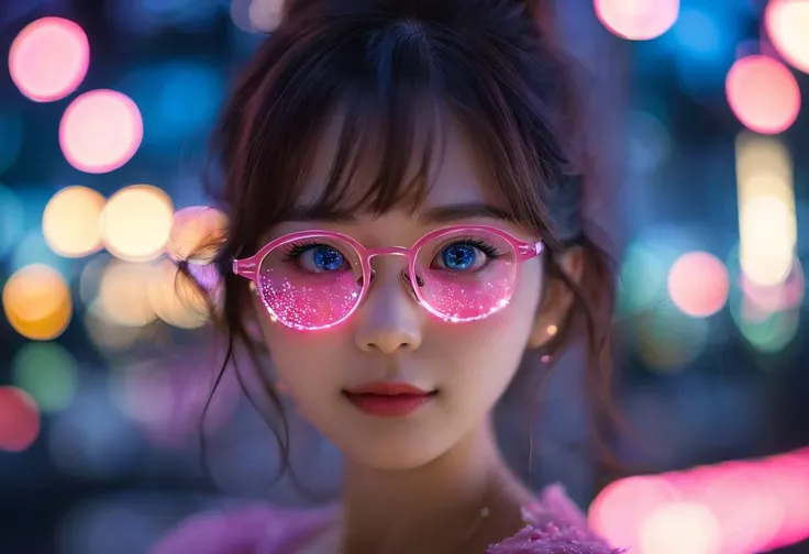 A stylized photograph of a model with blue eyes wearing pink glasses at night with streaks of color and bokeh background night time tokyo,score_9, score_8_up, score_7_up, score_6_up, score_5_up, score_4_up