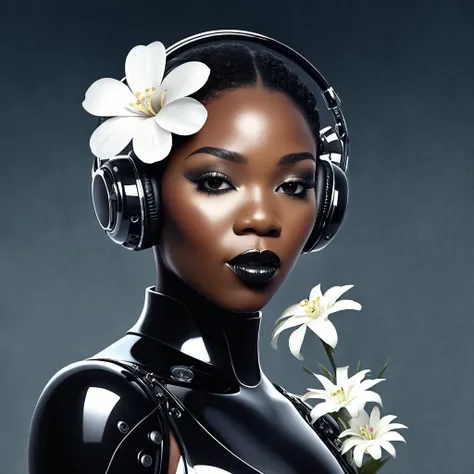 Black Jazz Singer with white flower cyborg, source_women,score_9, score_8_up, score_7_up, score_6_up, score_5_up, score_4_up