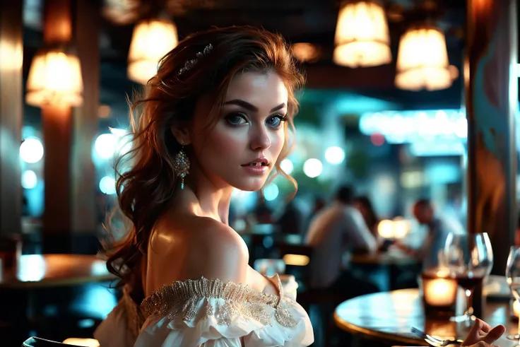 Eleonora in a dimly lit restaurant, large natural breasts, thin blouse, plunging neckline, one shoulder exposed, low light, exotic, sensual, (8k, RAW photo, best quality, depth of field, ultra high res:1.2), (intricate, photorealistic, masterpiece, ultra-detailed), dynamic lighting,score_9, score_8_up, score_7_up, score_6_up, score_5_up, score_4_up, <lora:EleonoraV2:.8>