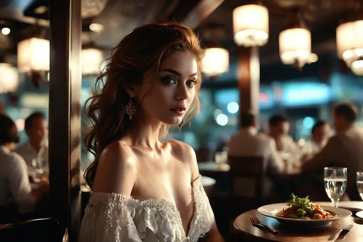 in a dimly lit restaurant, thin blouse, plunging neckline, one shoulder exposed, low light, exotic, sensual, (8k, RAW photo, best quality, depth of field, ultra high res:1.2), (intricate, photorealistic, masterpiece, ultra-detailed), dynamic lighting,score_9, score_8_up, score_7_up, score_6_up, score_5_up, score_4_up, <lora:EleonoraV2:.8>